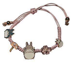 Totoro Themed Adjustable Pink Cord Bracelet Charms Characters Mushrooms Flowers